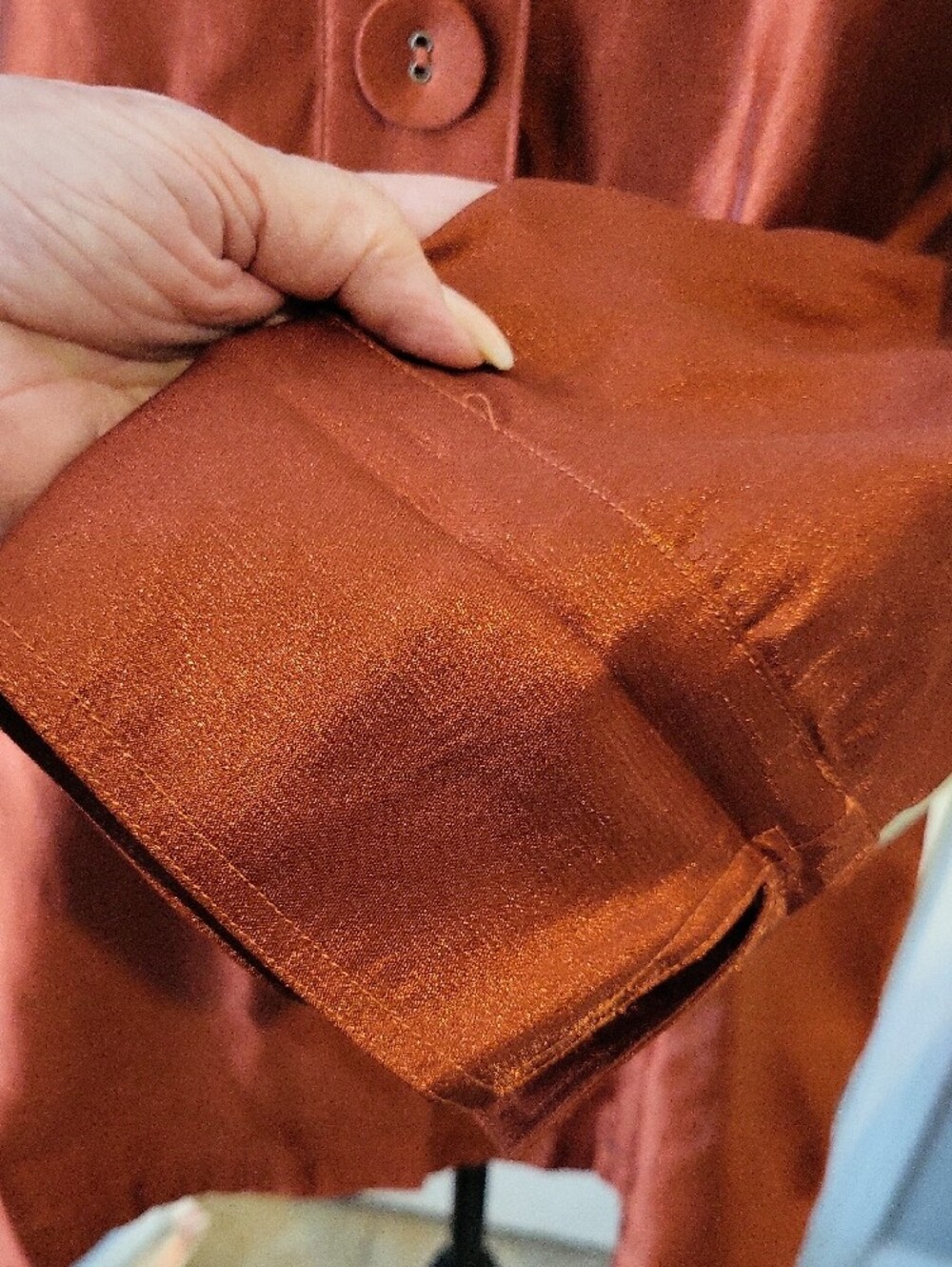 Multiples Shimmering Rust Colored Satin Button-Up Top - Picture 3 of 7